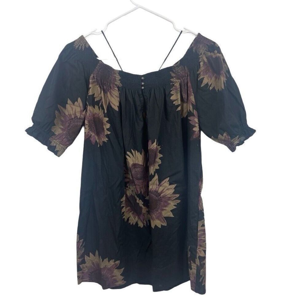 Free People Floral Black Tan Purple Off Shoulder‎ Tunic Style Dress Size S